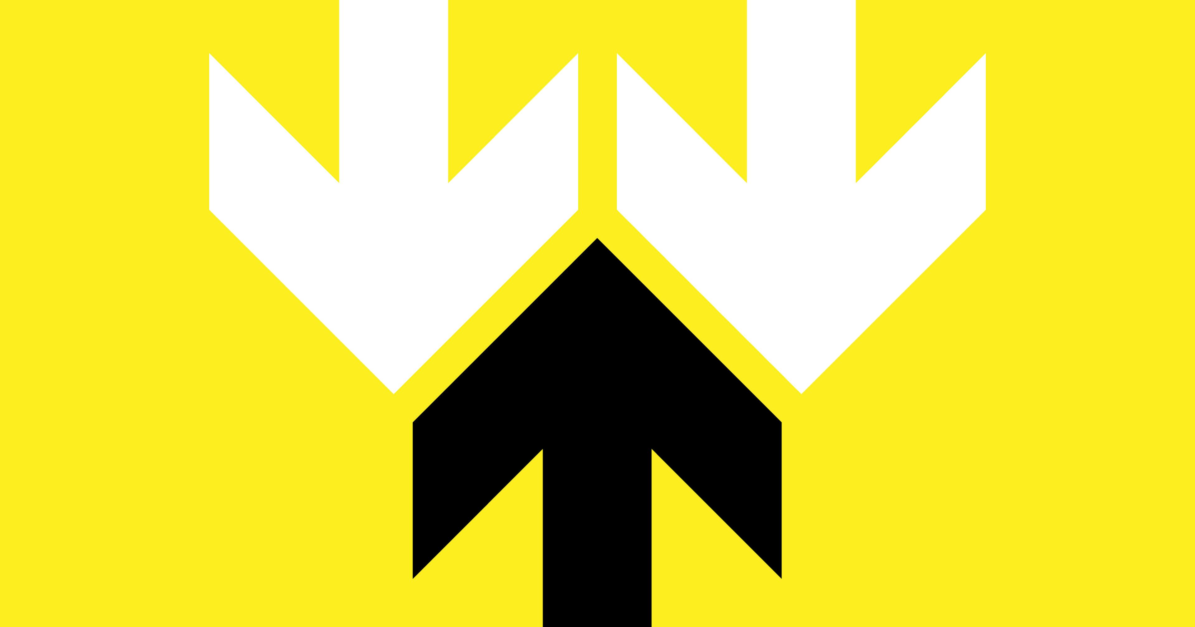 A stylised image of one black arrow going in the opposite direction of two other white arrows
