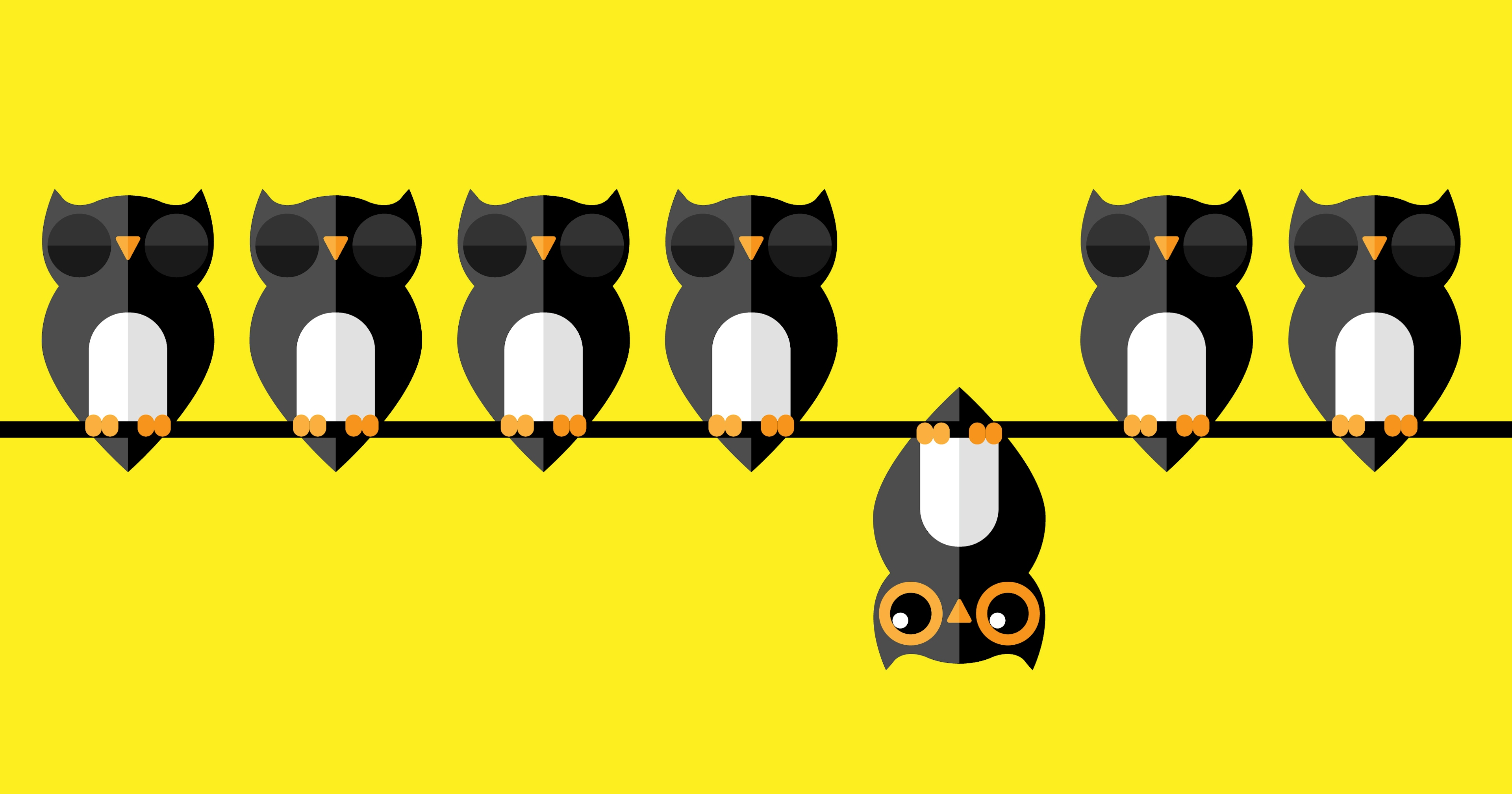 Stylised image of owls on a wire with one upside down breaking the rules