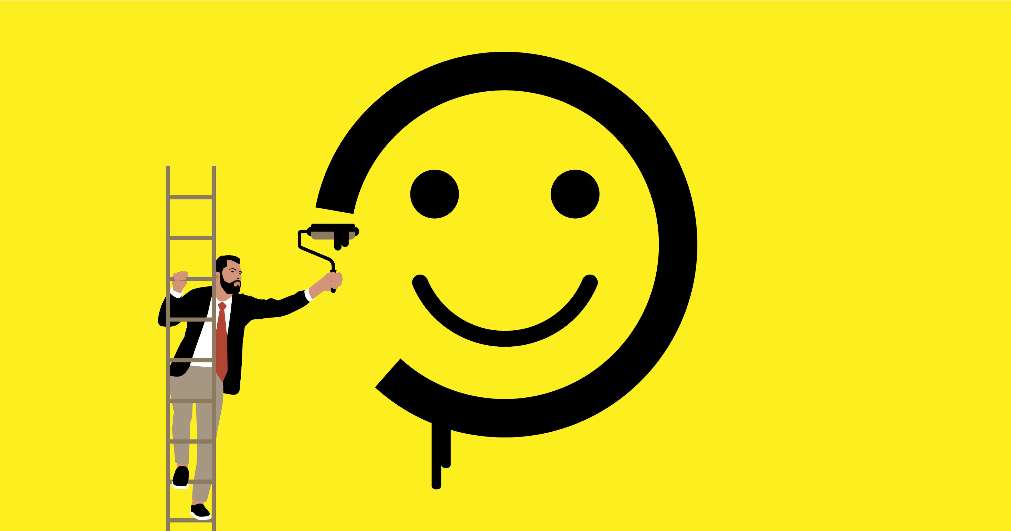 A stylised image of a man on a ladder painting a smiley face