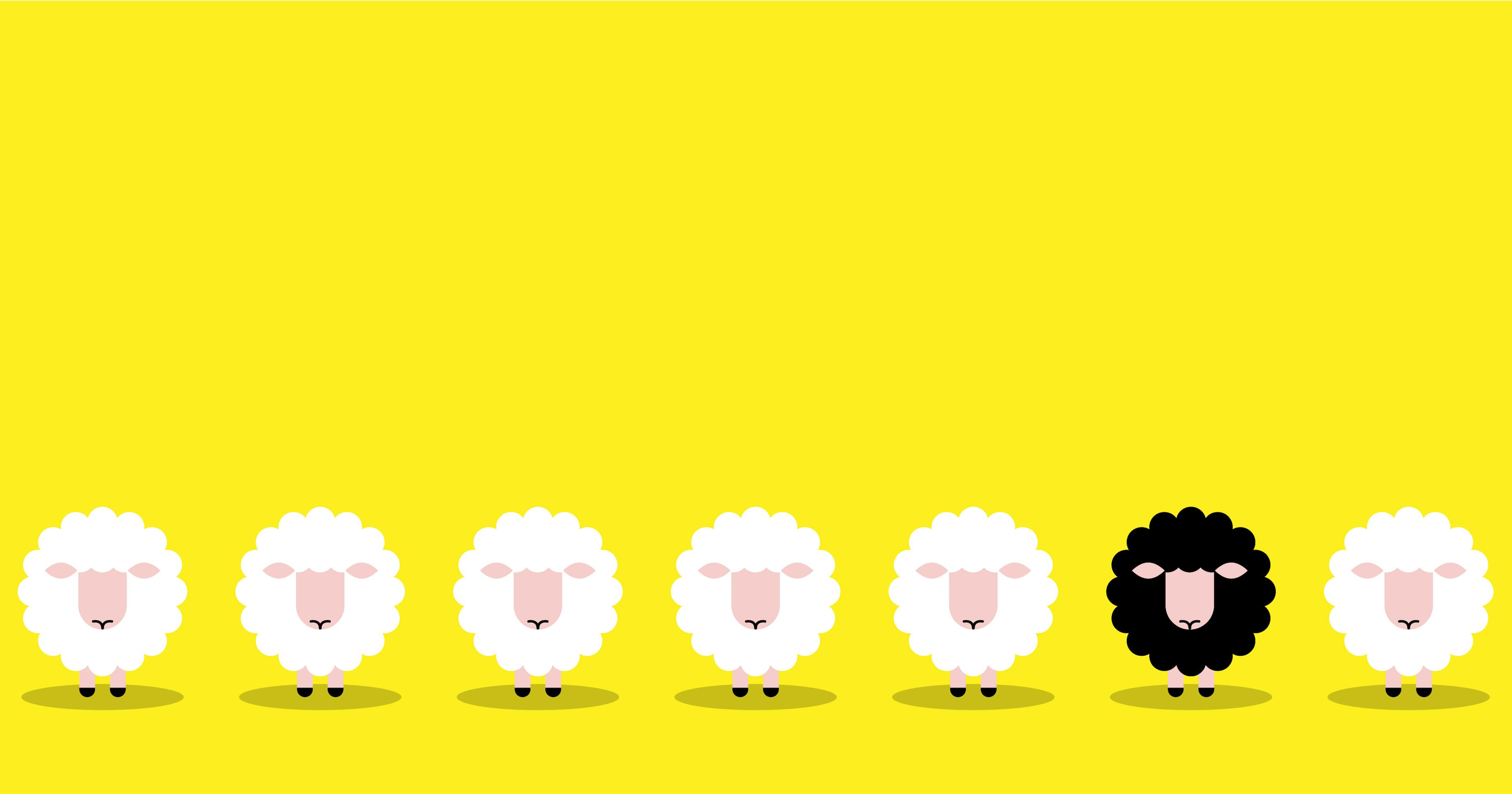 A stylised image showing white sheep and one black sheep