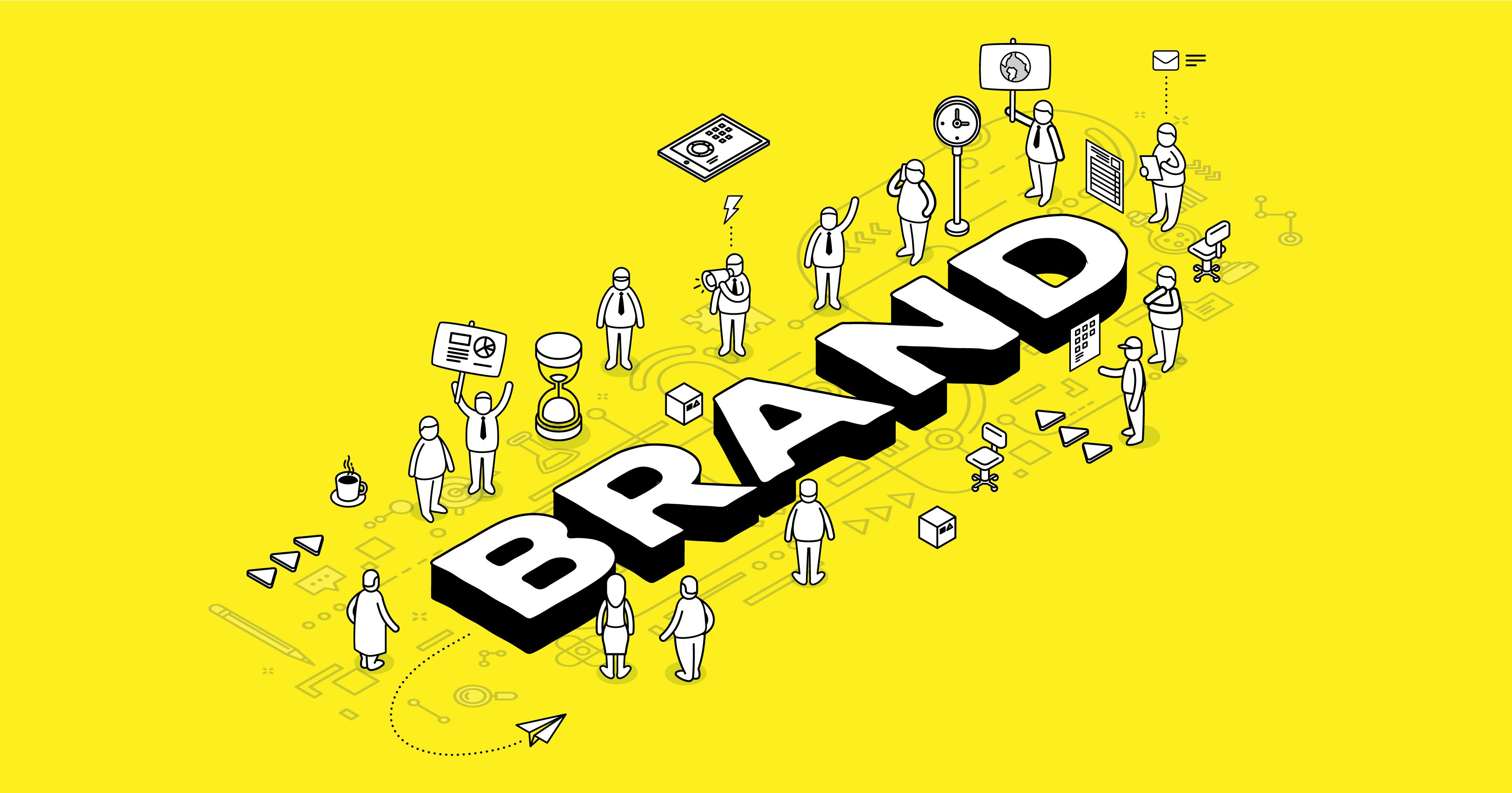 A stylised image showing people standing around large 'Brand' text