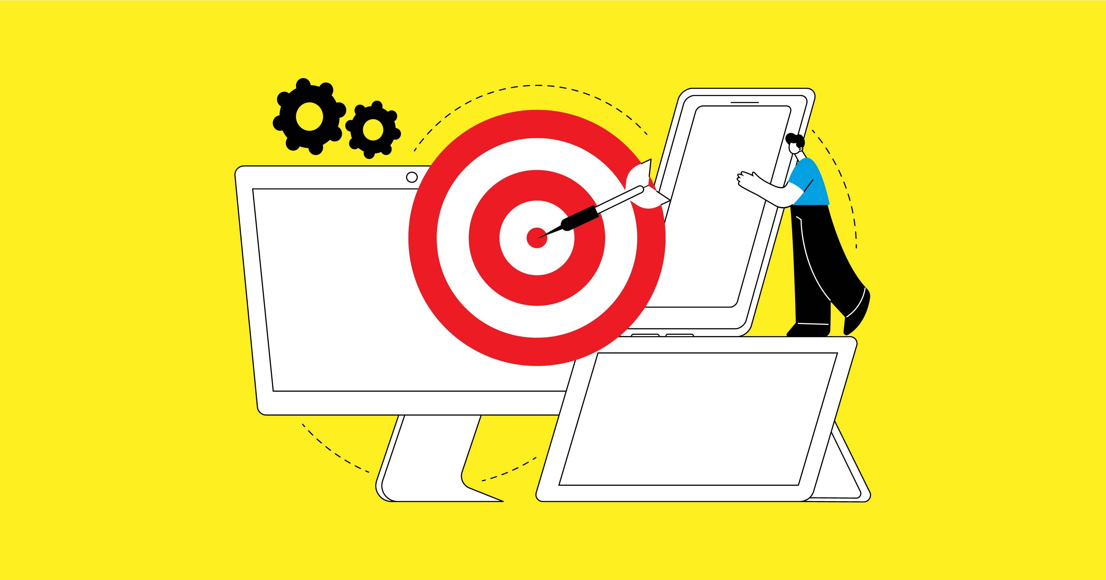 Stylised image showing digital devices, cog wheels and a target with dart on the bullseye