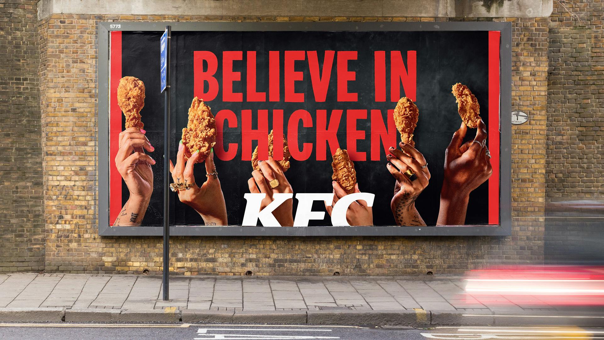 An image of street display banners saying 'Believe in Chicken'