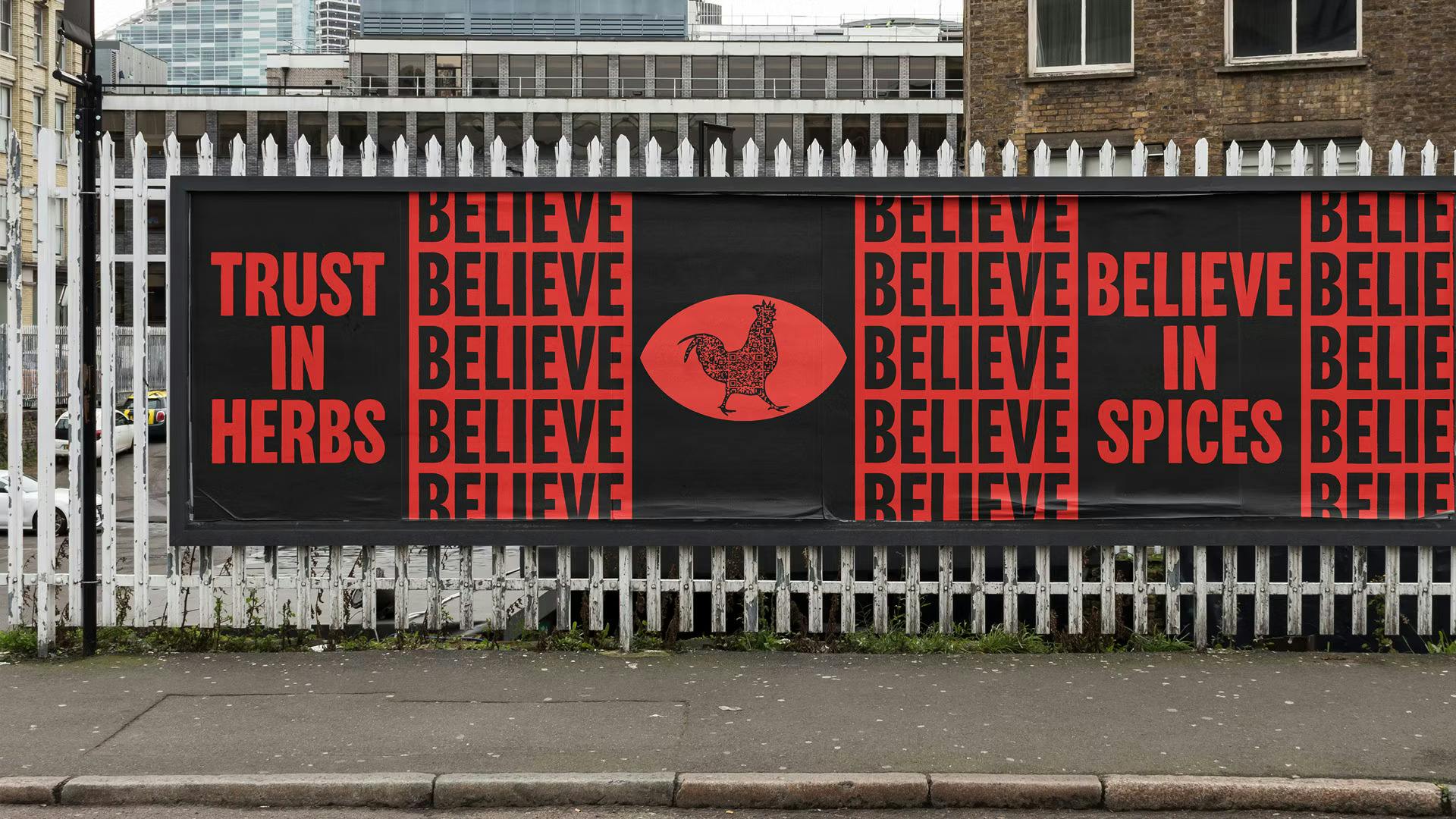 An image of street display banners saying 'Trust in Herbs' and 'Believe'