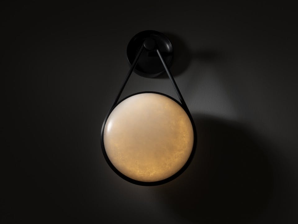 de sousa hughes monos hanging sconce dark nickel alabaster front dark background lit