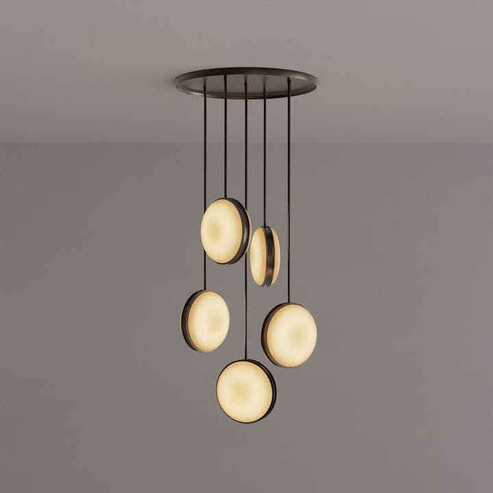 de sousa hughes monos round chandelier 5 lens statuary bronze alabaster stone dark background