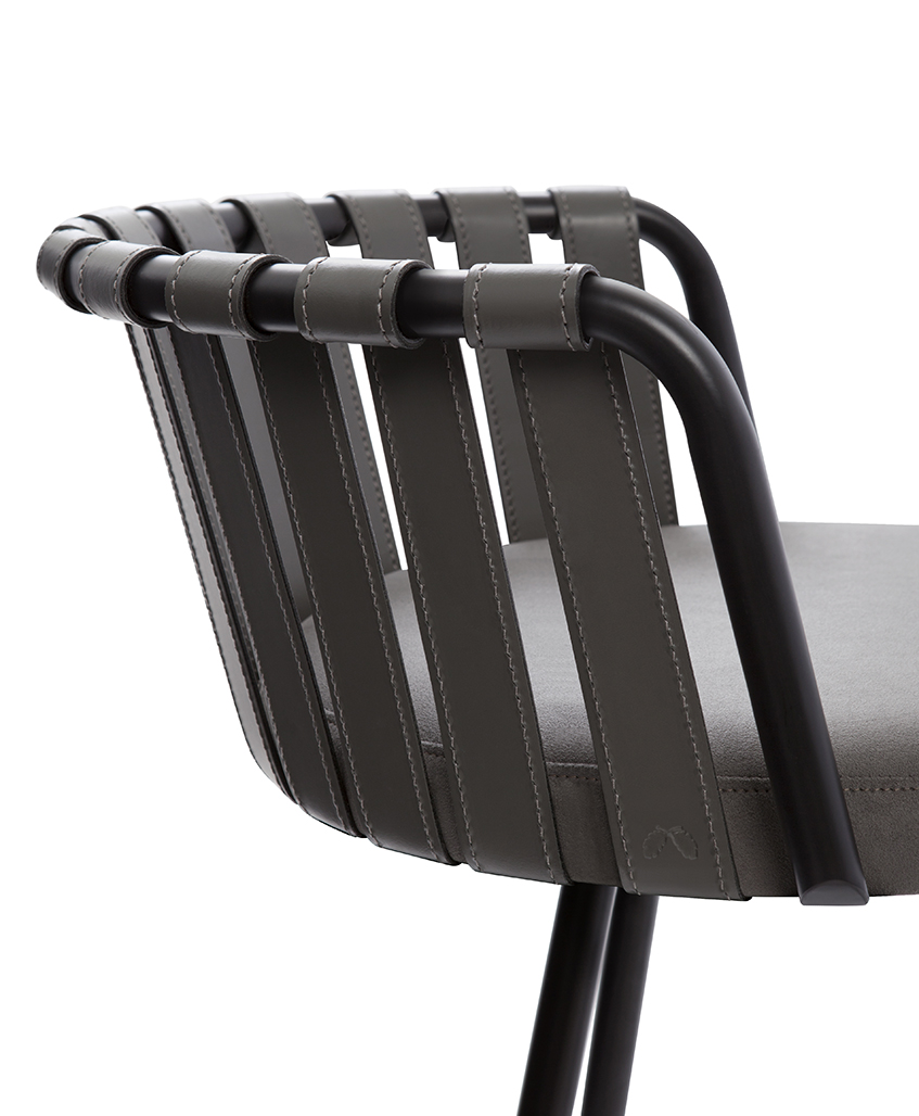 de sousa hughes powell bonnell mesa swivel stool dark stamp strap detail