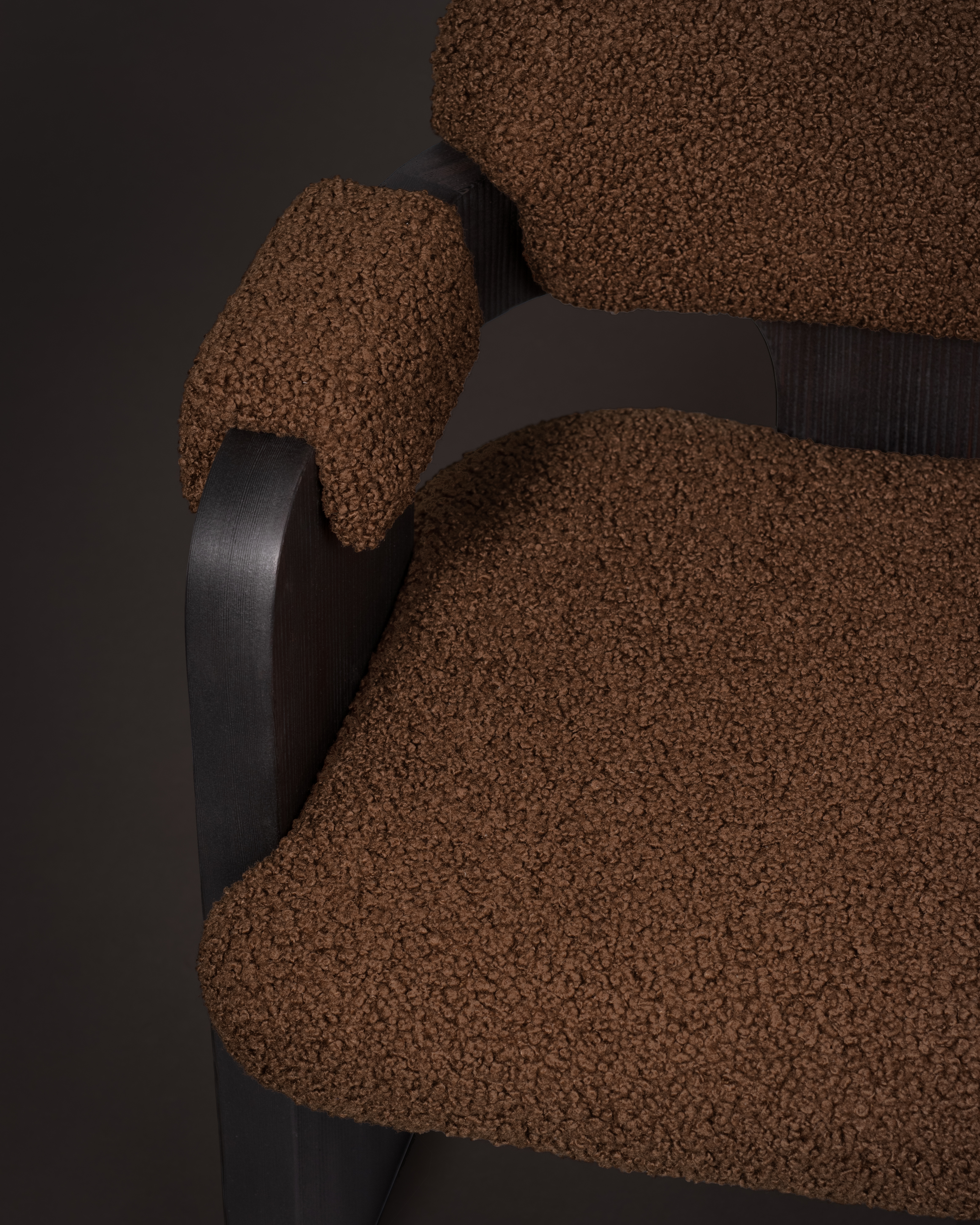 de sousa hughes john pomp unearthed Charred Fir Burnt Umber Armrest Dining Chair arm detail upholstered arm