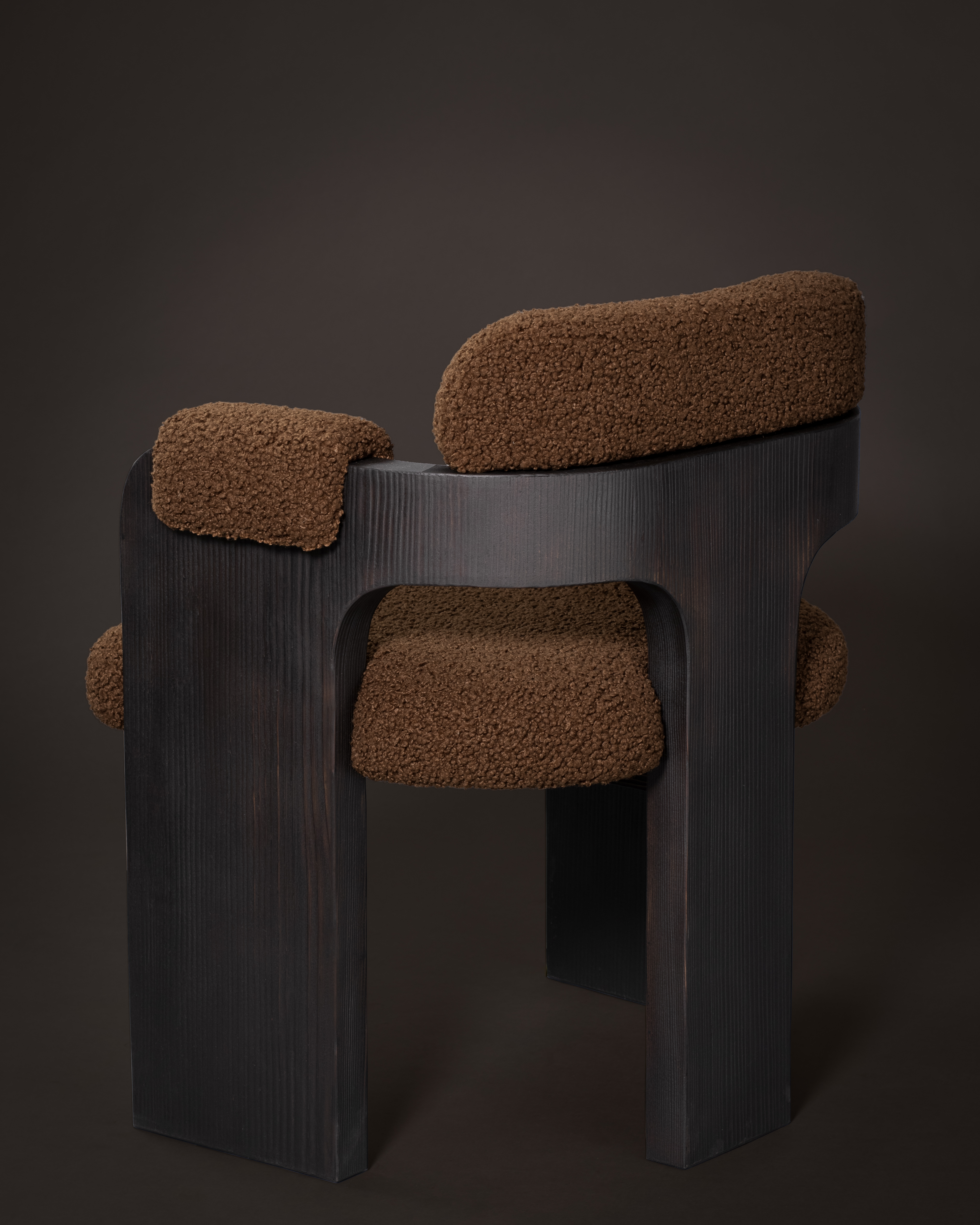 de sousa hughes john pomp unearthed Charred Fir Burnt Umber Armrest Dining Chair back detail upholstered arm