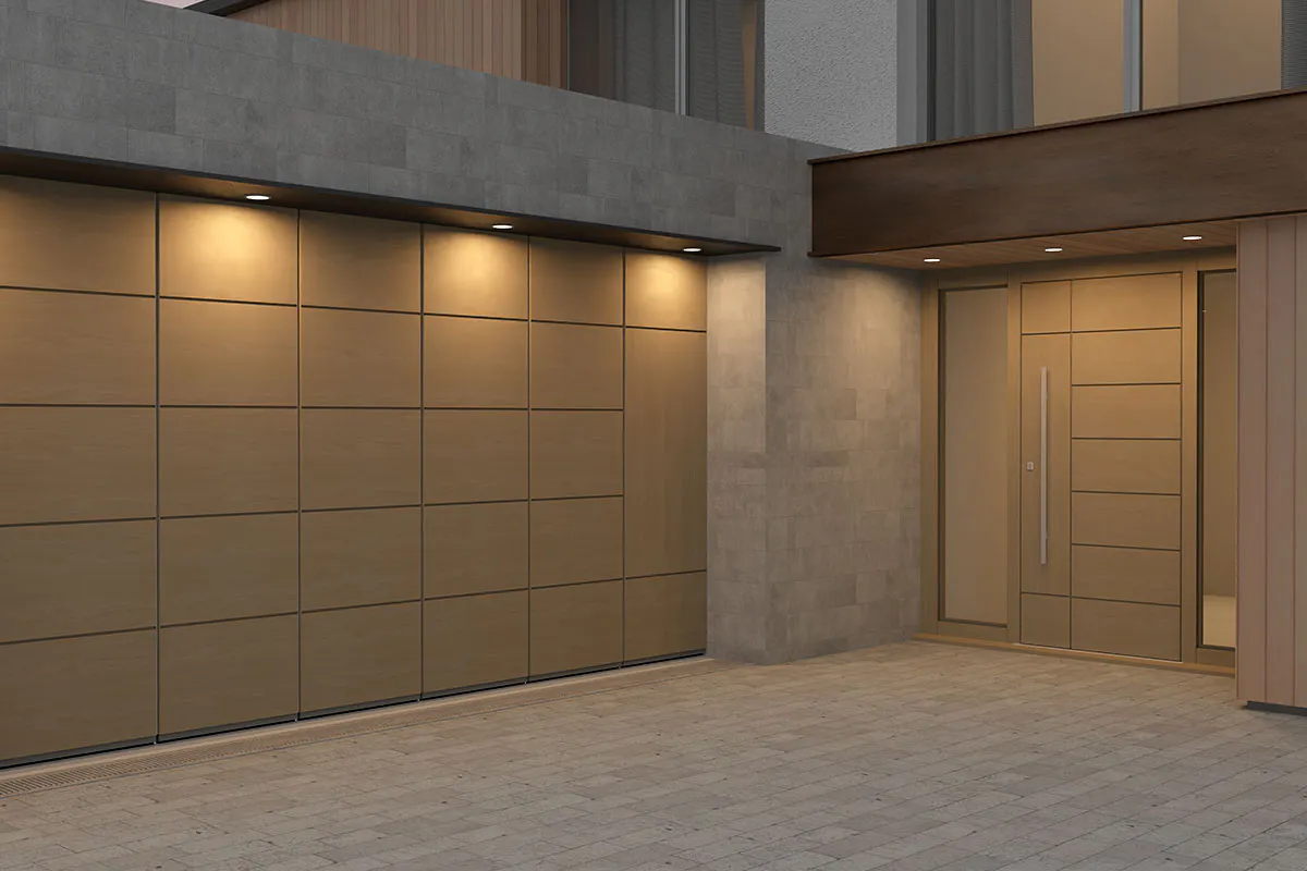 Matching front and garage doors by Deuren - Versare style in a natural oak LMF finish