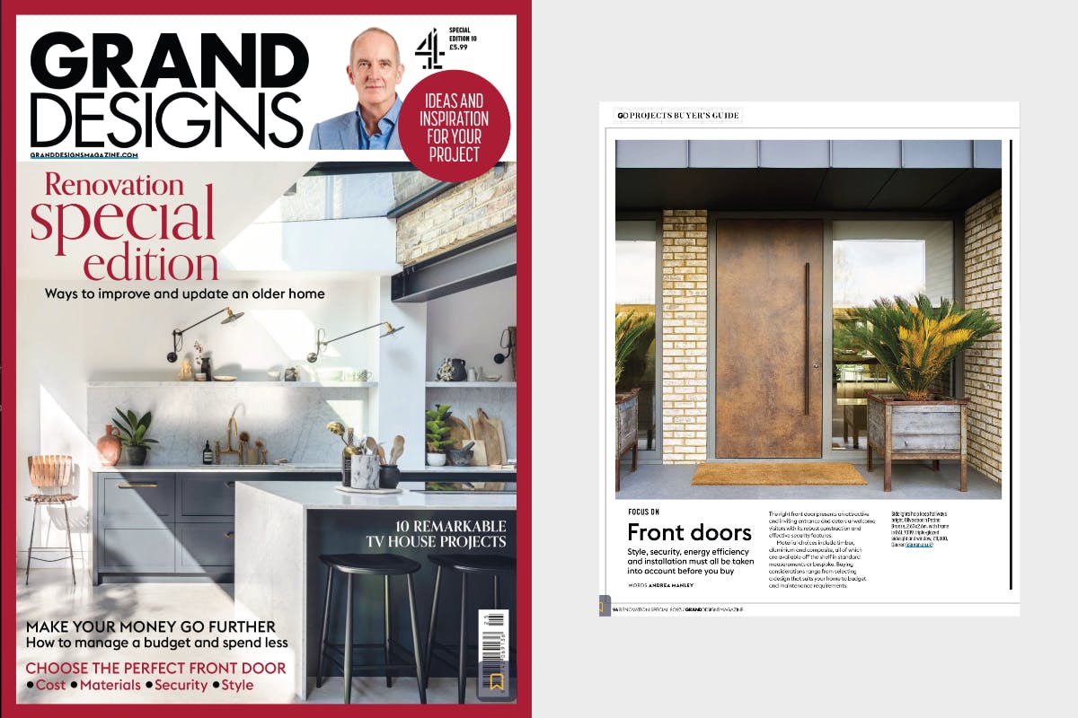 Magazine cover for Grand Designs and preview of artical feature Deuren Doors.