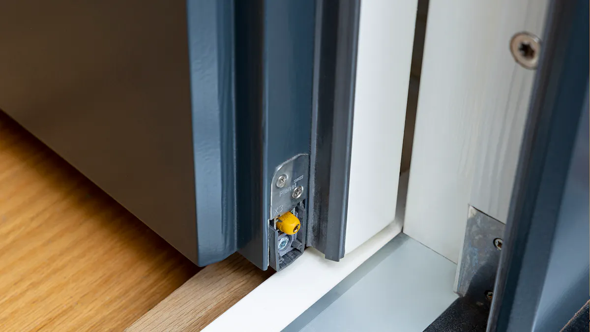 Side view of a Deuren luxury front door and Planet X3's mechanical drop seal lever.