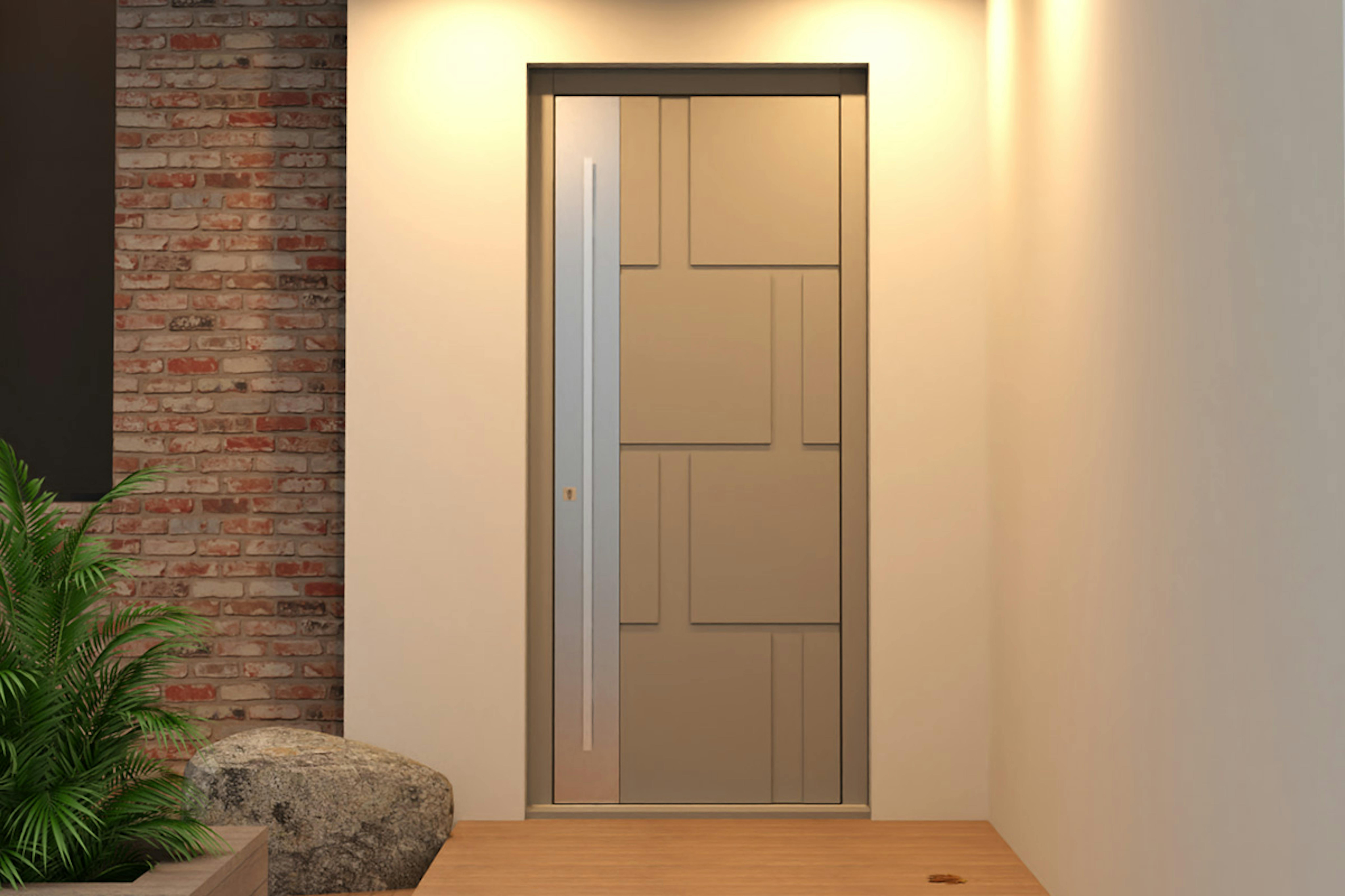 Deuren's bespoke front door set in Tegal S - square shapes arranged like bricks with a full height stainless steel strip t the left of the door, behind a long bar handle.