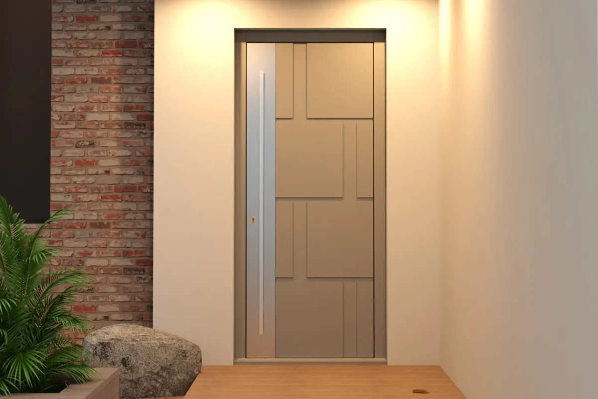 Deuren's bespoke front door set in Tegal S - square shapes arranged like bricks with a full height stainless steel strip t the left of the door, behind a long bar handle.