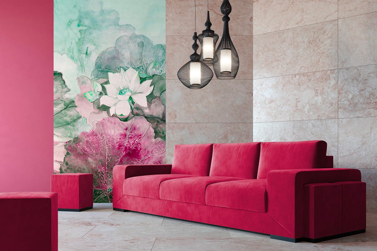 Plush velor sofa in Viva Magenta colour within a contemporary living space