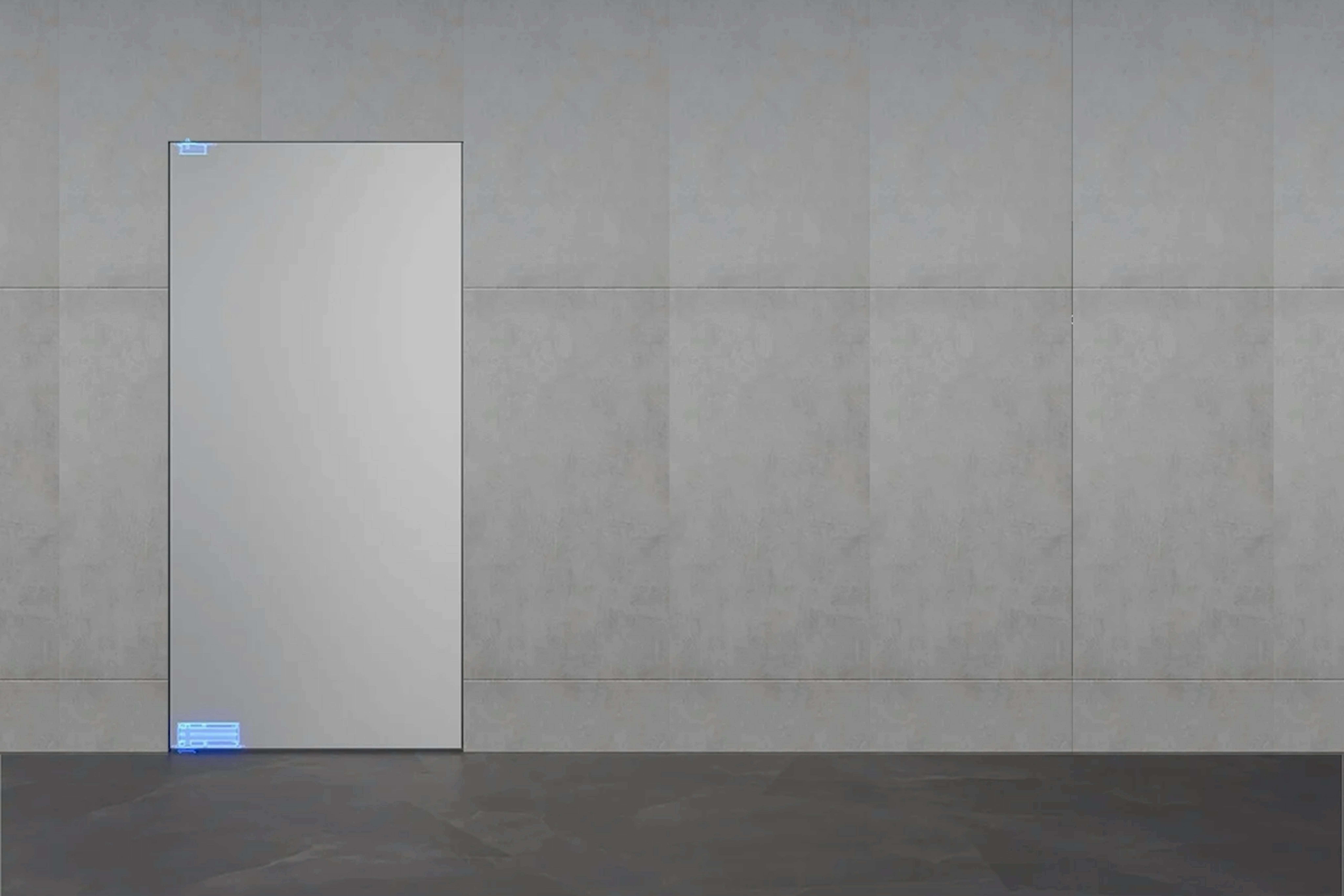 CGI of flush pivot door set with in wall, highlighting the pivot mechanism