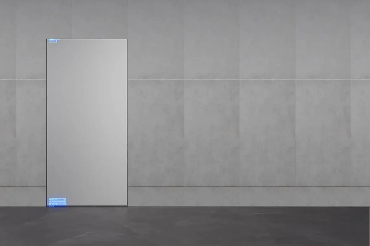 CGI of flush pivot door set with in wall, highlighting the pivot mechanism