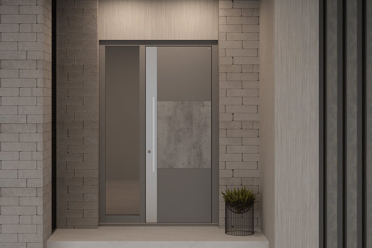 CGI of Deuren's contemporary front door, Teri S. with three horizontal sections, the top and bottom sections are a grey paint finish and the middle is a concrete look LMF finish. Full height stainless steel strip behind bar handle.