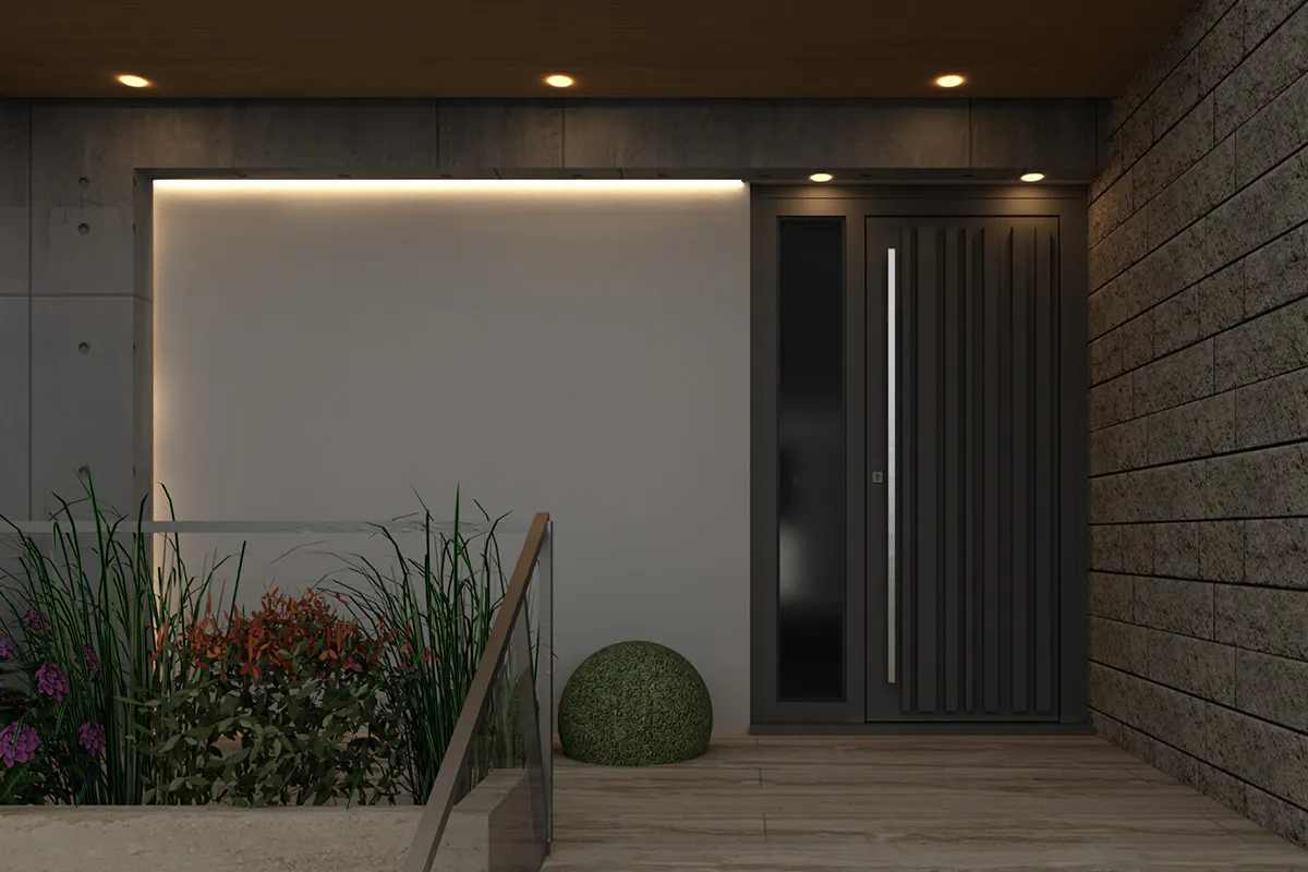 CGI of Deurens contemporary front door in Piano, dark grey painted finish with full height side window and long stainless steel bar handle.