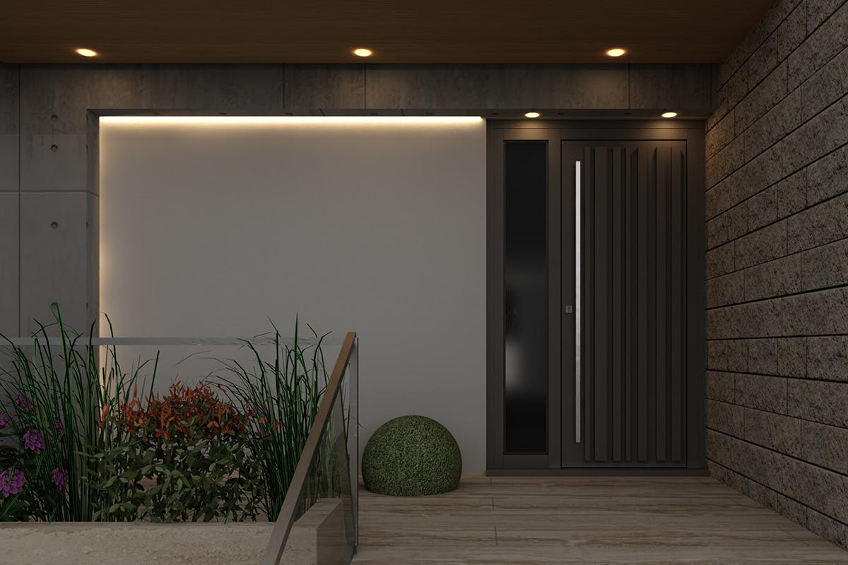 CGI of Deurens contemporary front door in Piano, dark grey painted finish with full height side window and long stainless steel bar handle.