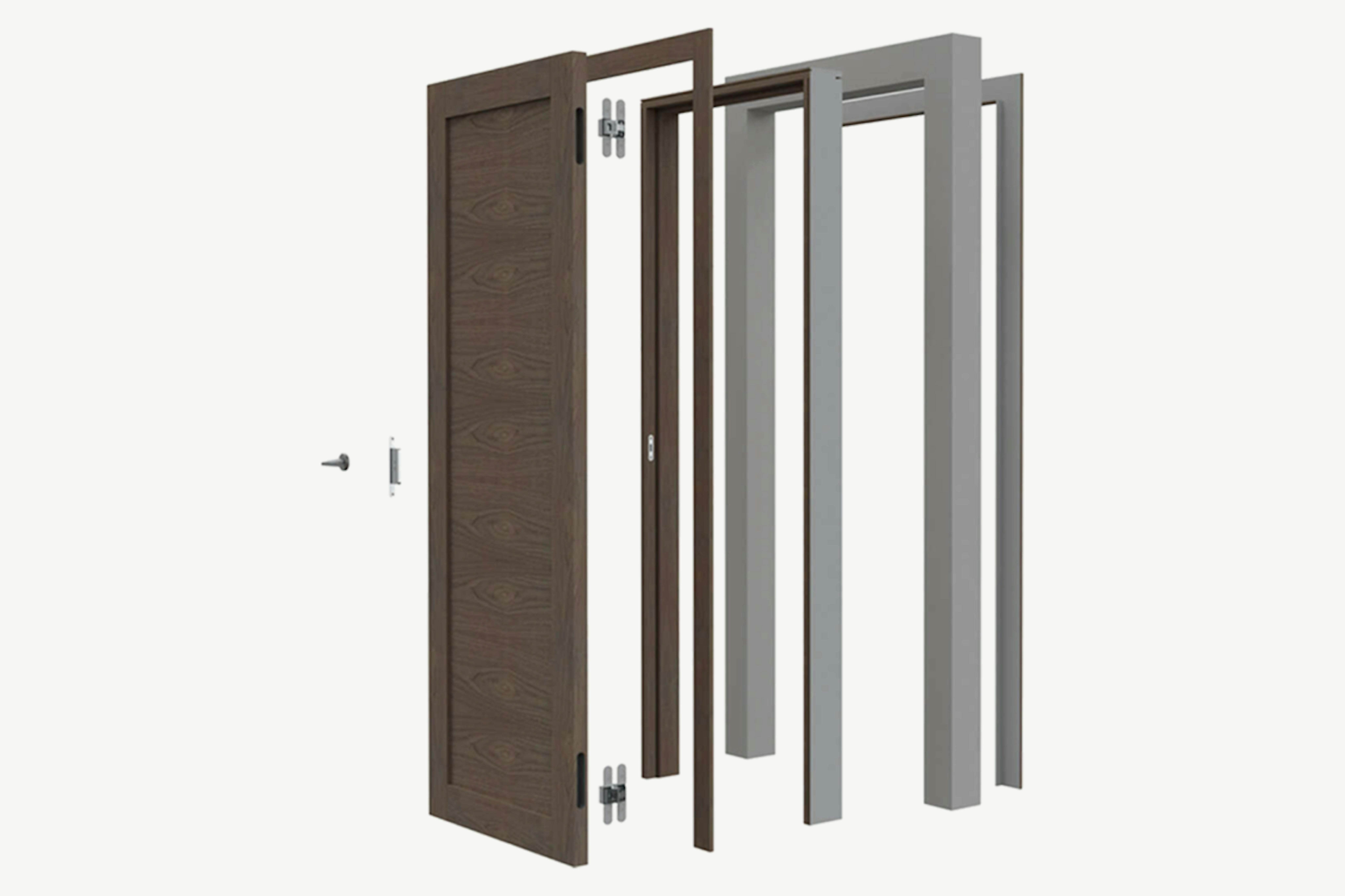 An illustration of all the different components a Deuren internal pre-hung door set is made up of.