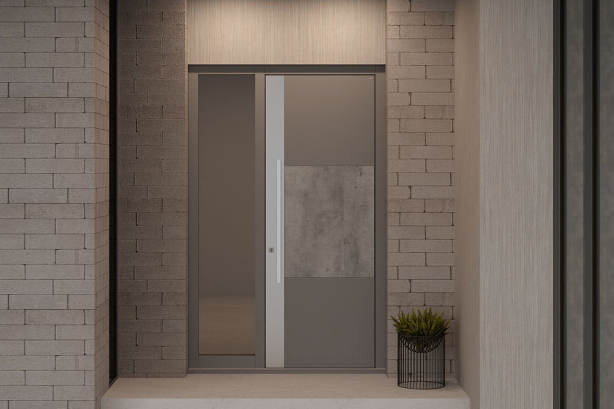 Contemporary front door by Deuren - Teri S has a central section in one material and a top and bottom section in another material, with a full-height vertical stainless steel strip behind the handle