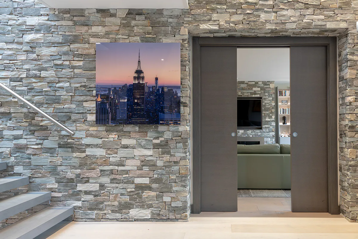 Contemporay hallway feturing Double Grey oak pocket internal door by Deuren