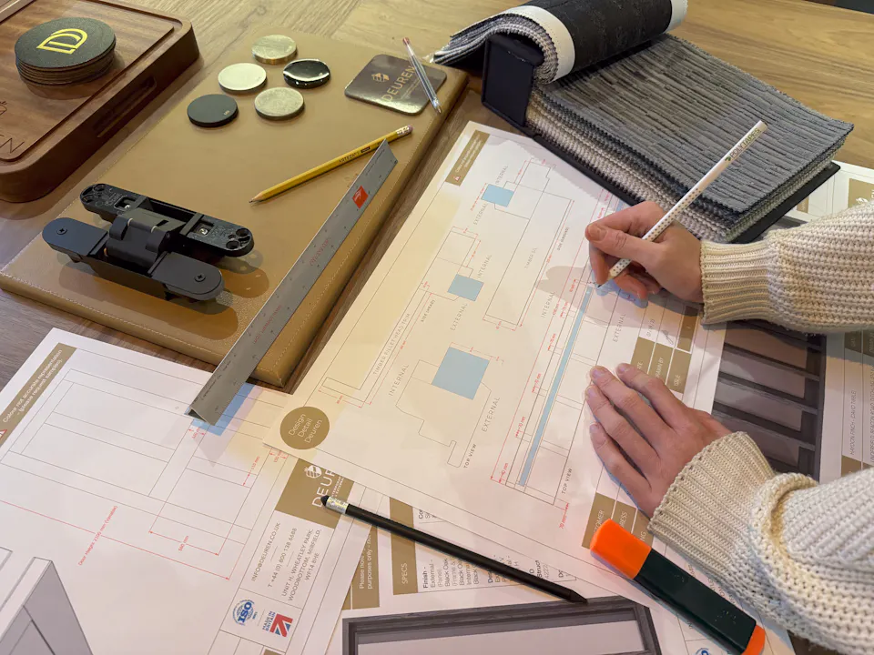 Overhead shot of hands drawing on architectural plans