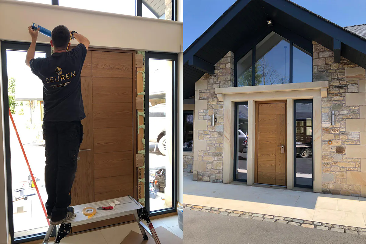 Deuren door fitter, installing a Deuren front door and a second image of the finished Deuren front door.