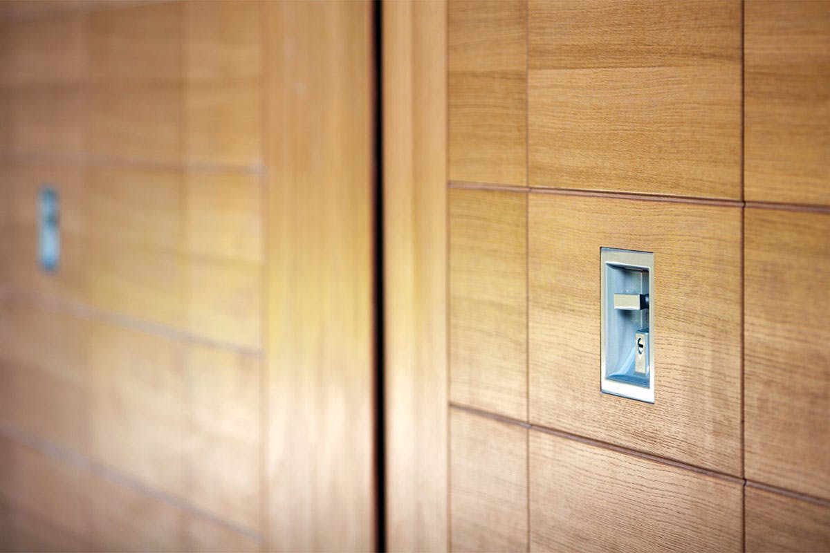 Detail image of contemporary garage door by Deuren in a natural oak finish