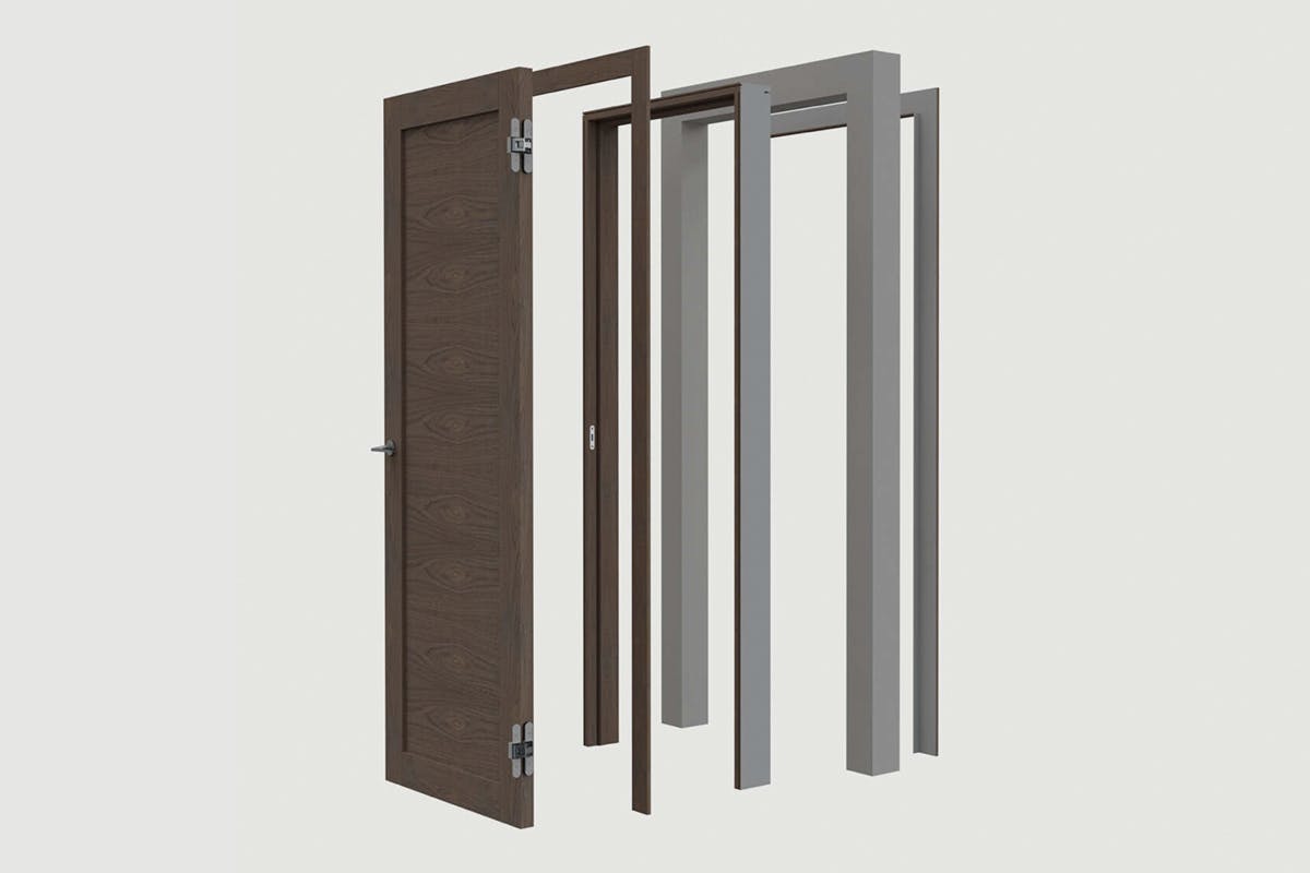 CGI of the different components that make up a Deuren pre-hung door set.