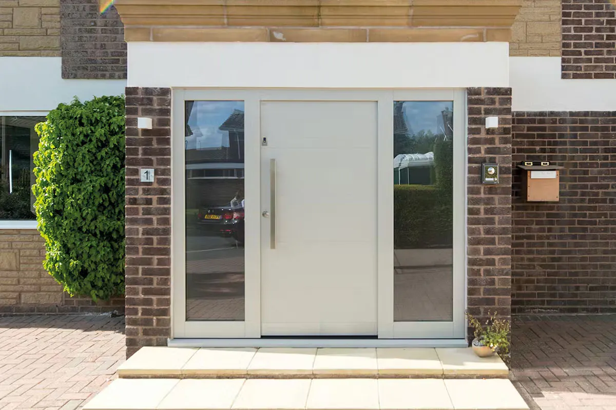 Home exterior with Deuren's modern front door - Pianura 2, white paint finish with glazed side lights to both sides.