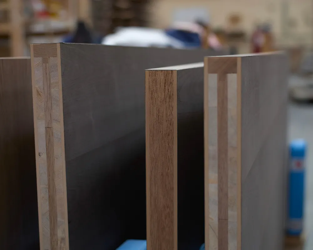 Close-up of engineered wood layers in the workshop
