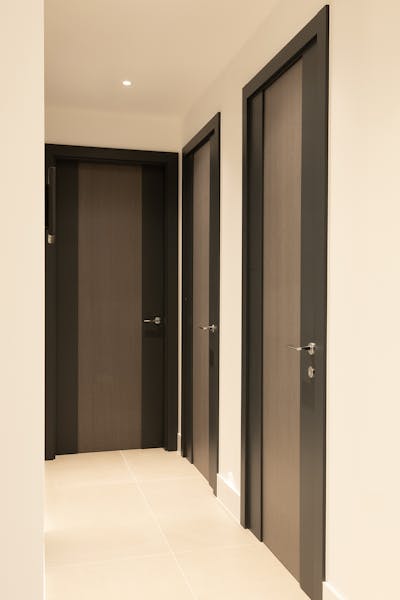Linea Internal Doors | Smoked Oak Vertical Veneer Centre | Dark Grey Painted Sides