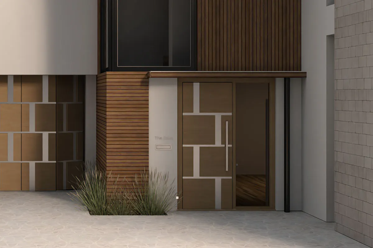 Modern matching front and garage doors by Deuren in Tegal style and LMF finish with stainless steel inlays in the detail..