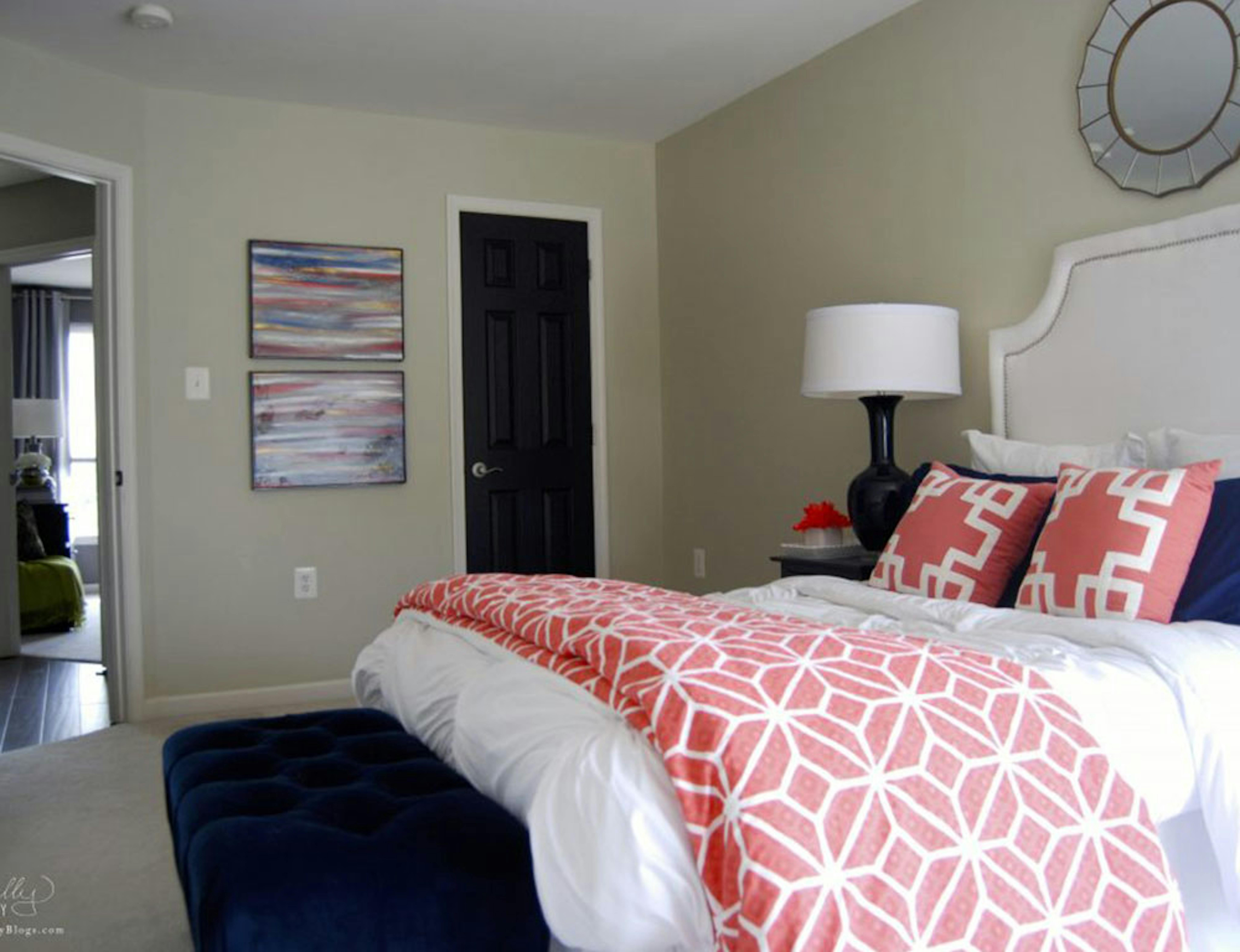 bedroom with coral bedding