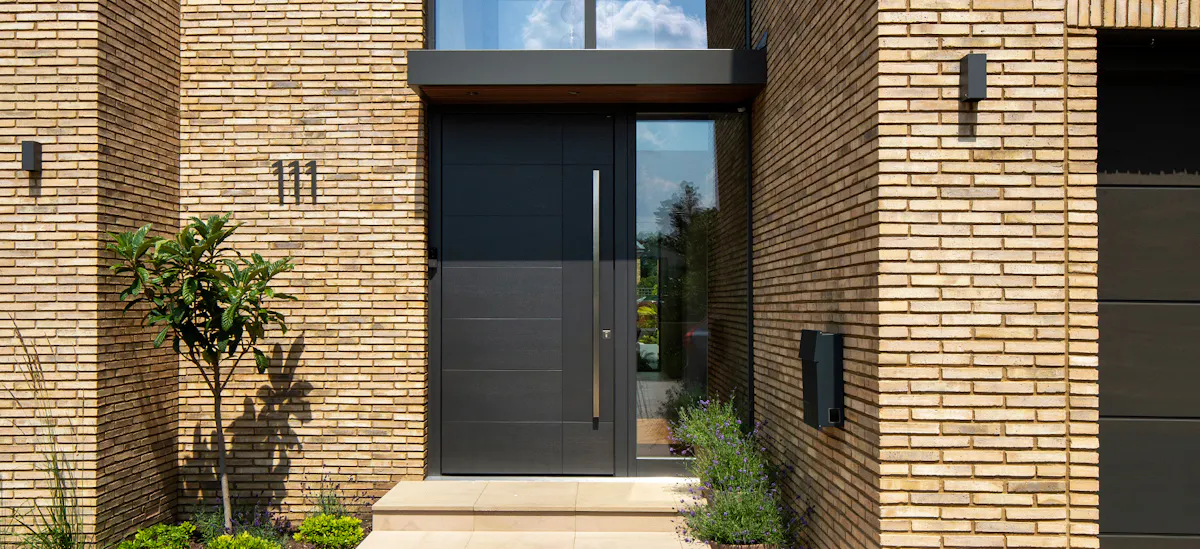 Dark matted textured Olivo SI outside front door