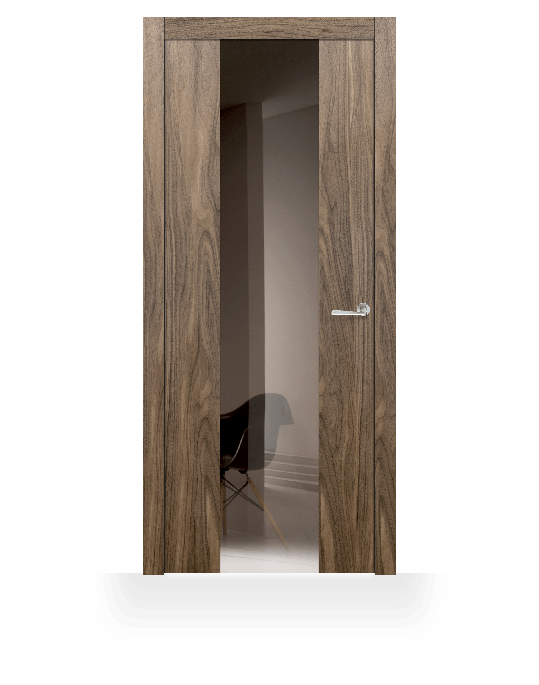 A rendering of the Trem V Glass Internal Door Walnut.