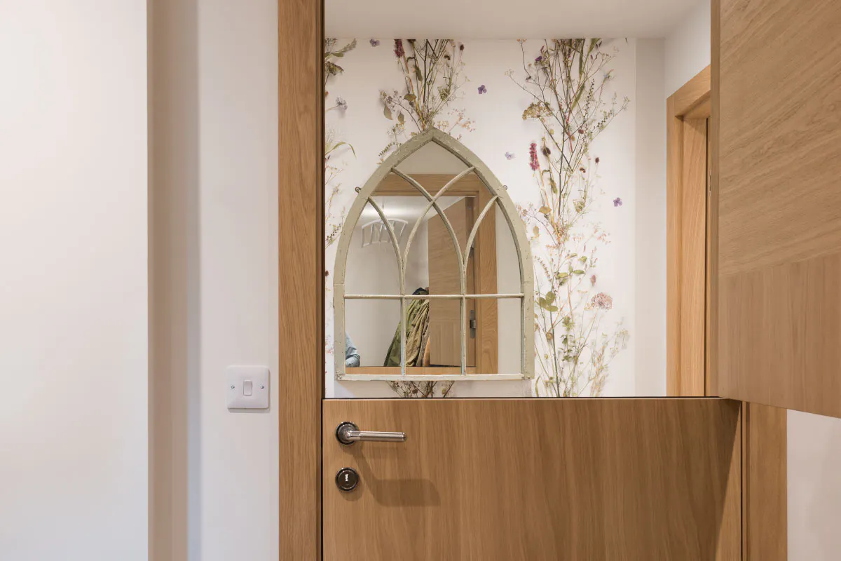 Stable-door configuration in natural oak finish. Top-half open, bottom-half close