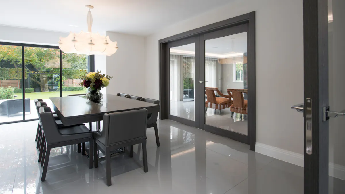 dining room with sliding glass double doors