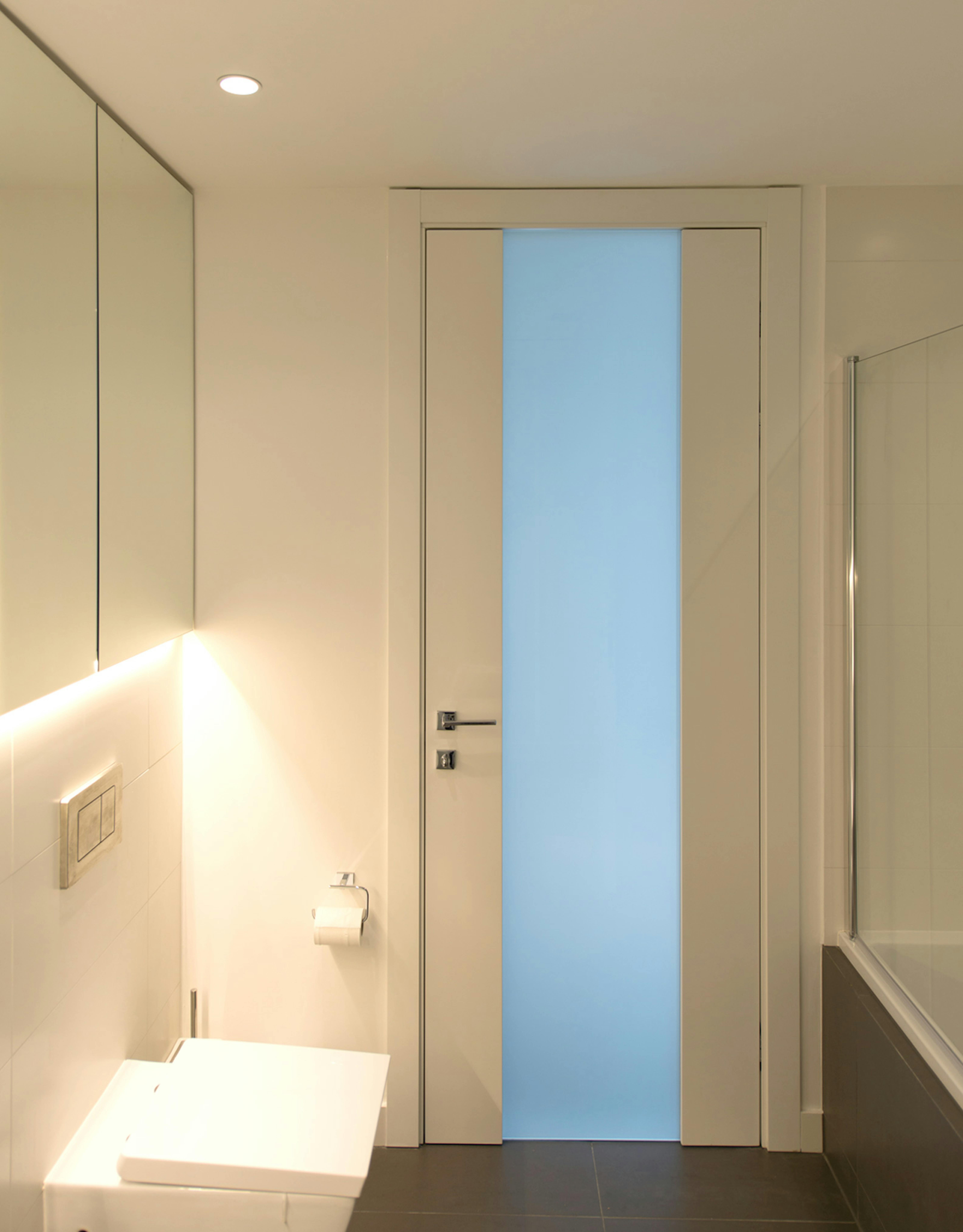 Contemporary bathroom with a Deuren Trem glazed door - a full-height pane of satin glass held between two full-height strips of white painted timber.