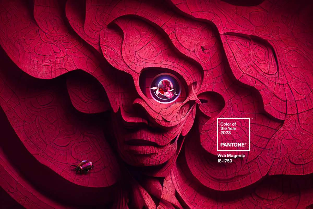 Pantone's aartword showcasing their 'colour of the year 2023' - Viva Magenta 18-1750