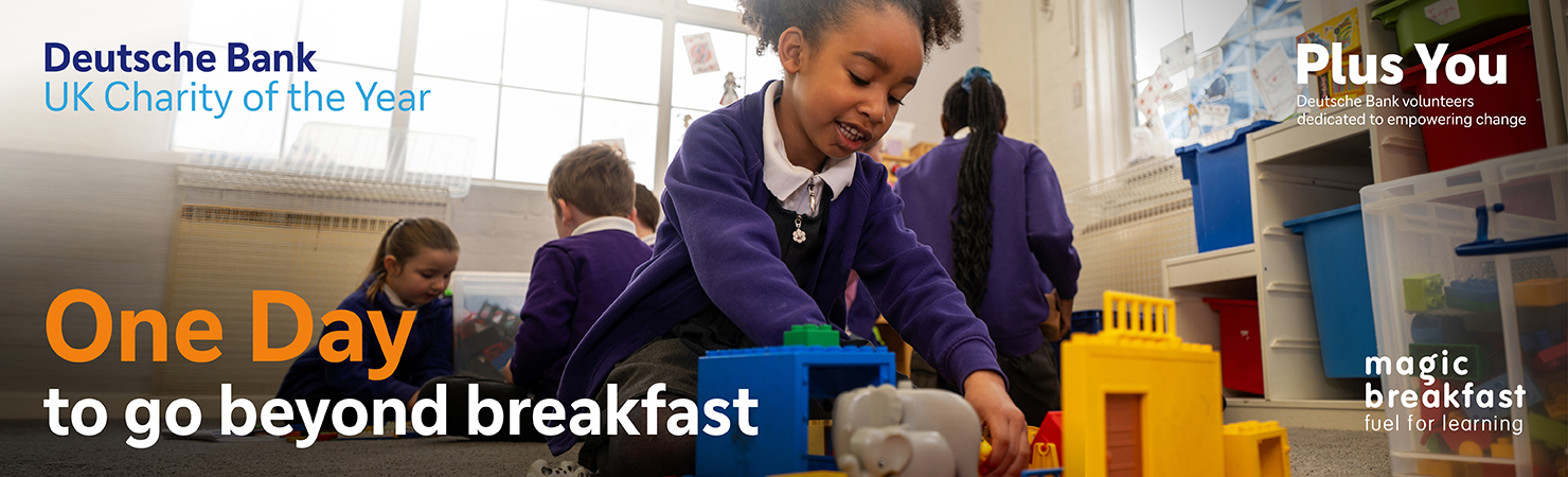 Children playing with colourful building blocks in a classroom, supporting learning and development, alongside Magic Breakfast’s “One Day to go beyond breakfast” campaign.