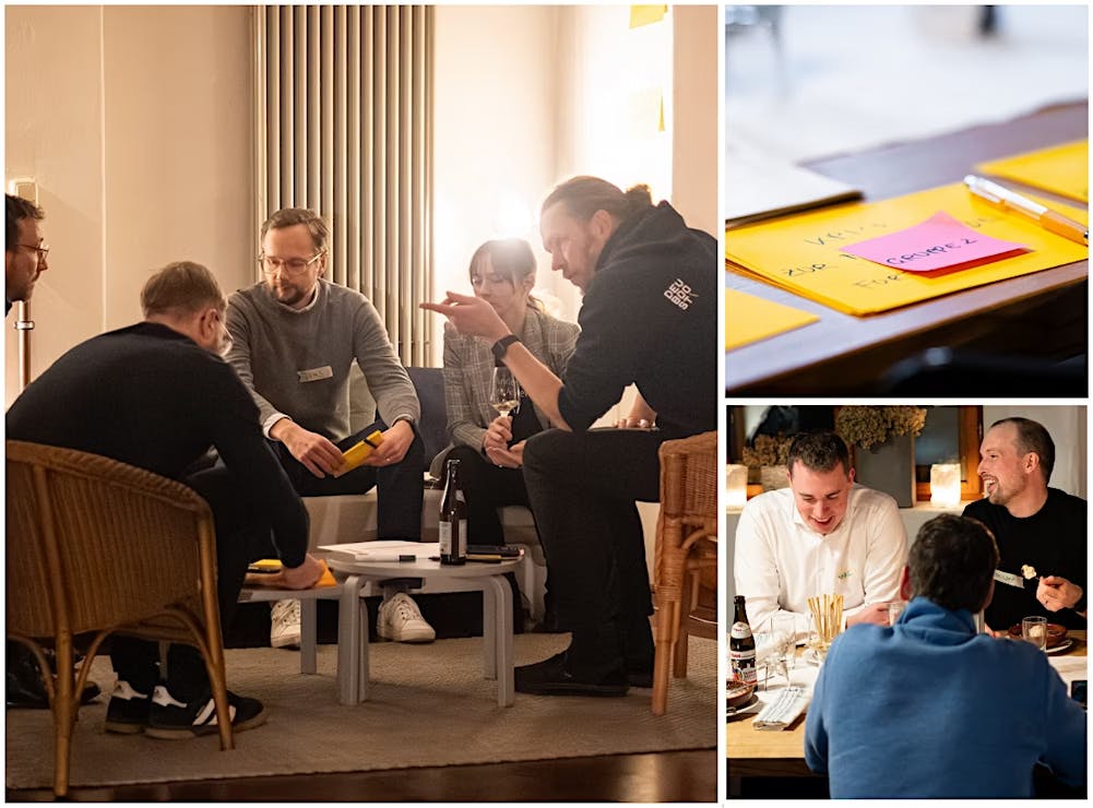 Teilnehmer des Tech Lead Roundtables von DevBoost in Dresden beim fachlichen Austausch in lockerer Atmosphäre: Technische Führungskräfte diskutieren über Herausforderungen in der Softwareentwicklung, Team-Performance und Wege zur Skalierung produktnaher Teams.