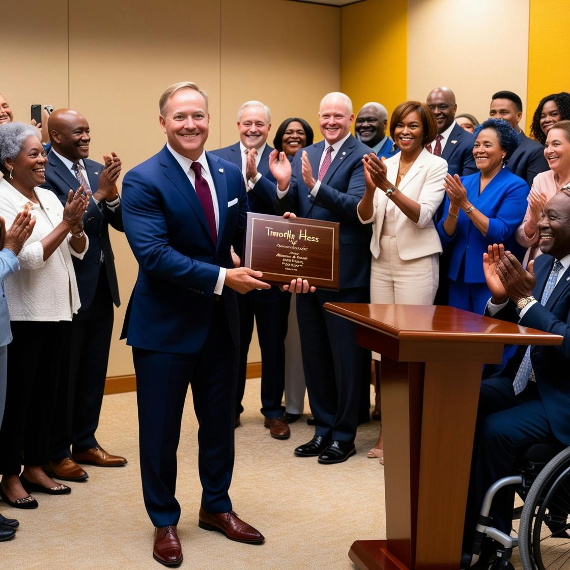 Timothy Hess receiving an award at a community event, with local leaders and residents applauding in the background, showcasing his recognition for community service
