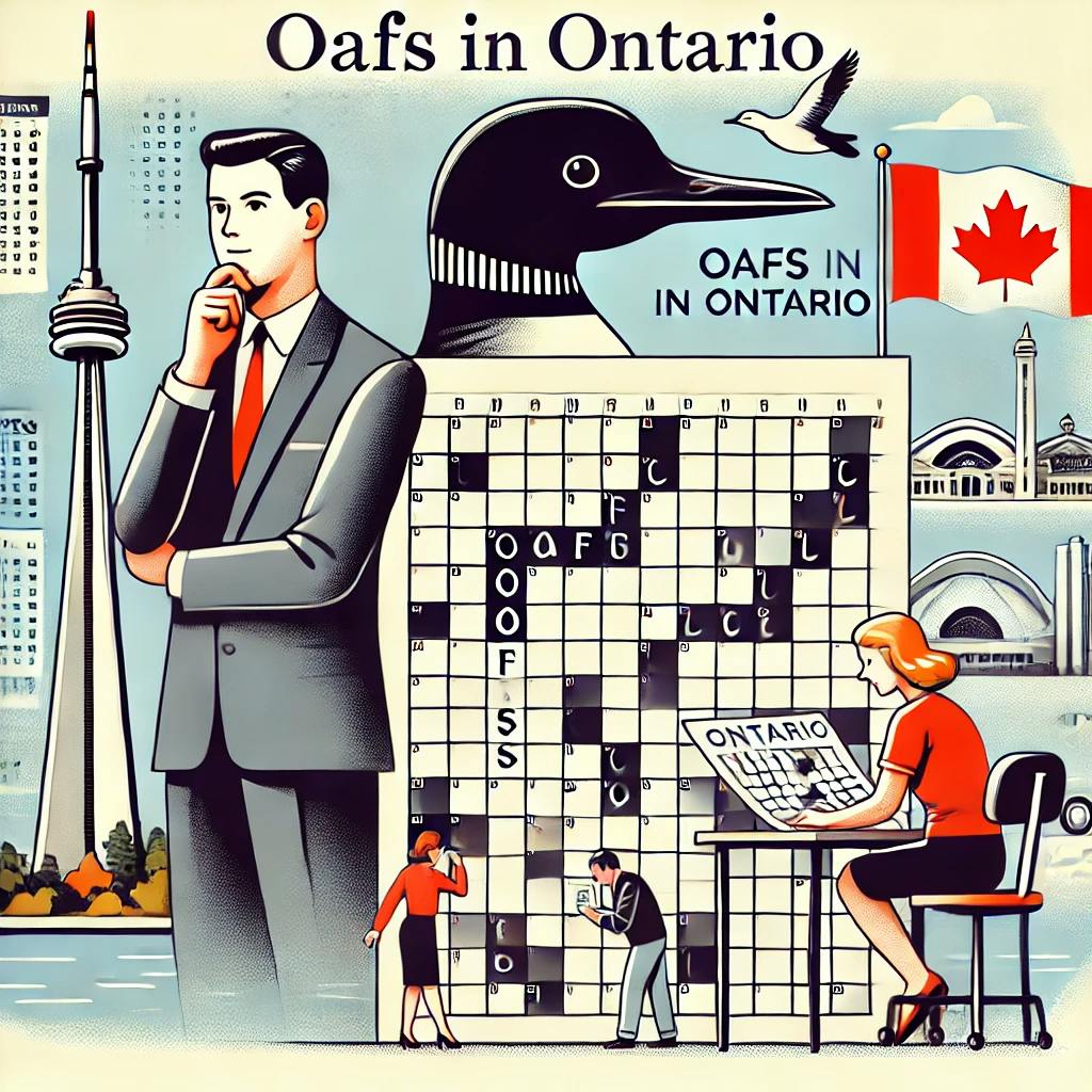 Illustration of people solving crossword puzzles, featuring elements like crossword grids, a thinking person, the CN Tower, and a loon bird, symbolizing the connection between 'Oafs in Ontario' and Ontario's culture.