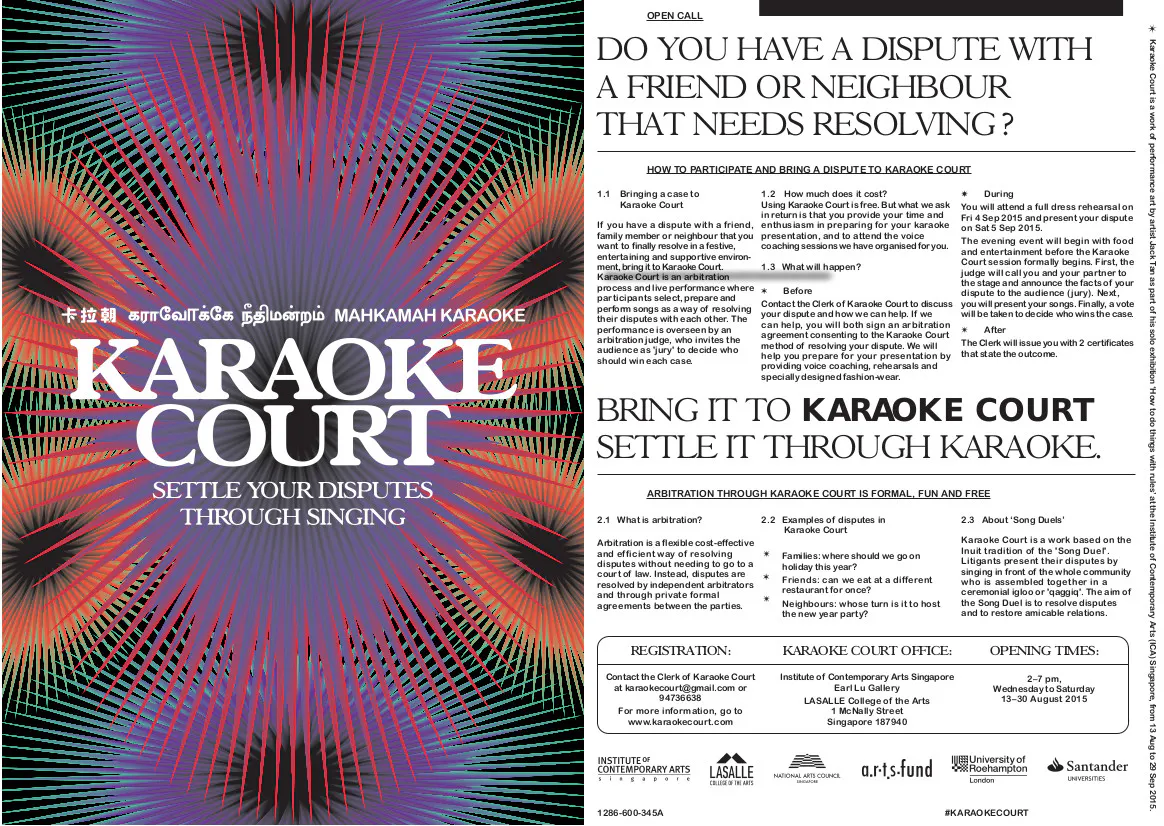Jack Ky Tan, 'Karaoke Court (Singapore): Pam -v- Pauline' part of How To Do Things With Rules solo exhibition, 2016. Institute of Contemporary Arts Singapore.