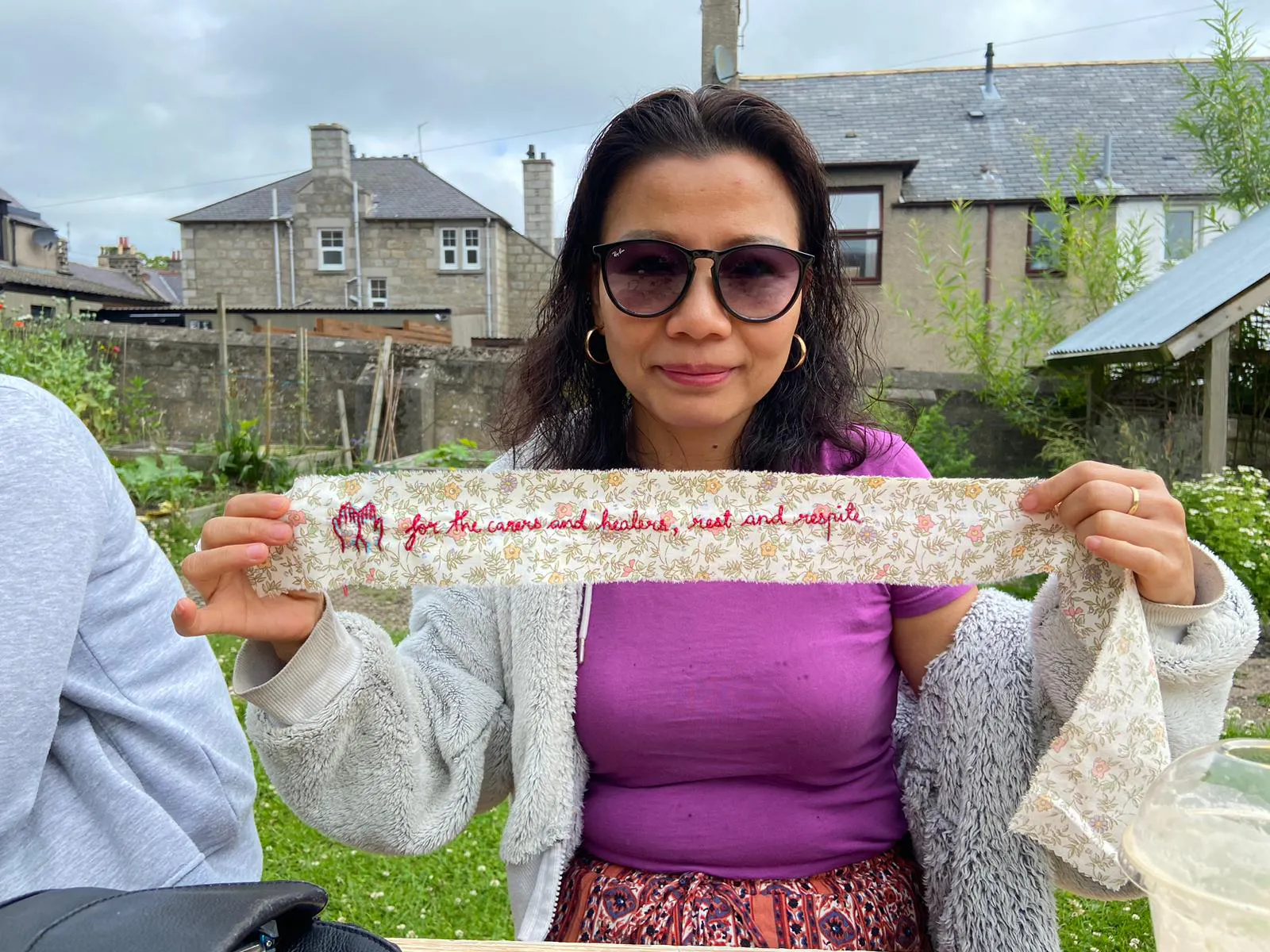 Trang with Rah's embroidery - for the carers and the healers, rest and respite
