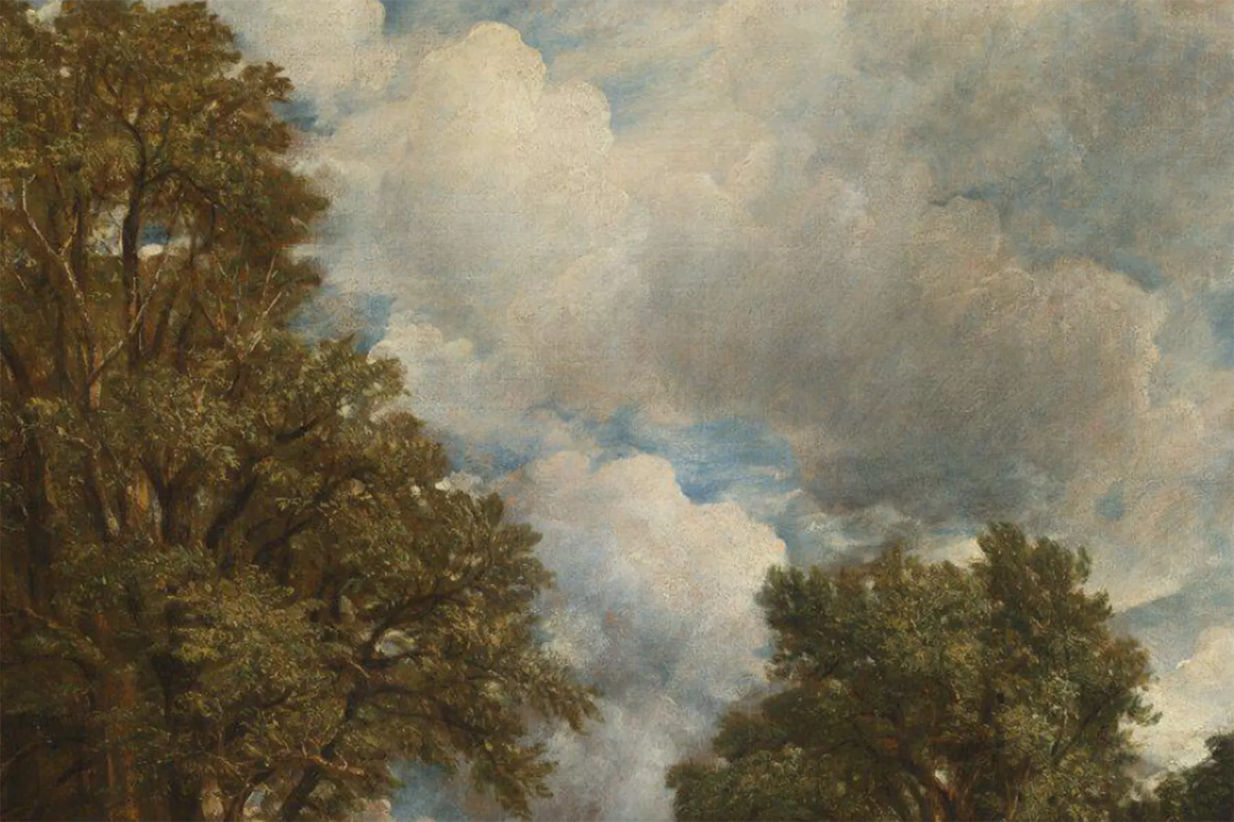 A traditional oil painting of trees and cloudy skies. Excerpt of Constable's The Cornfield.