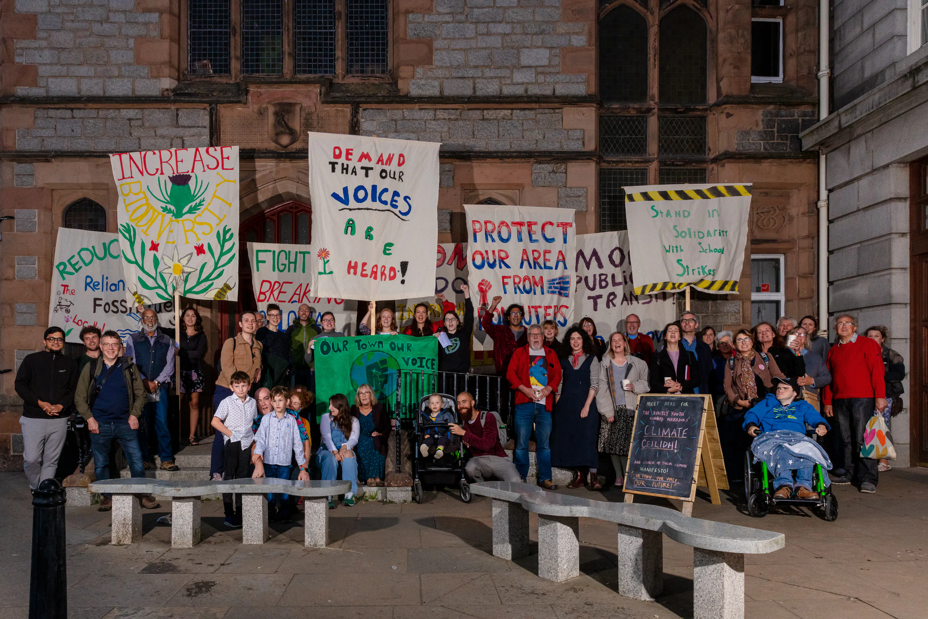 A photo of the Huntly Youth Climate Movement's manifesto launch outside Huntly Library.